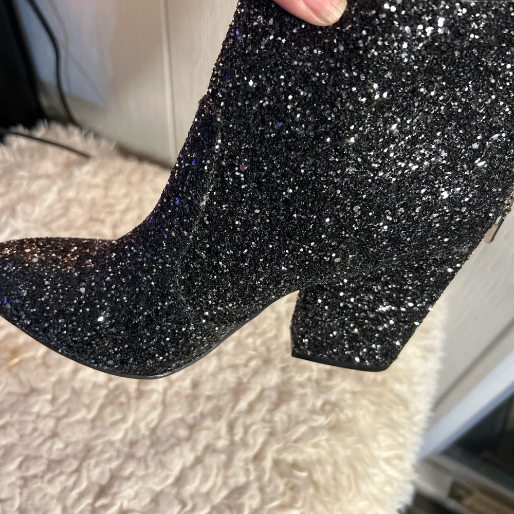 Black Glitter Chunky Heel Booties - Picture 9 of 10